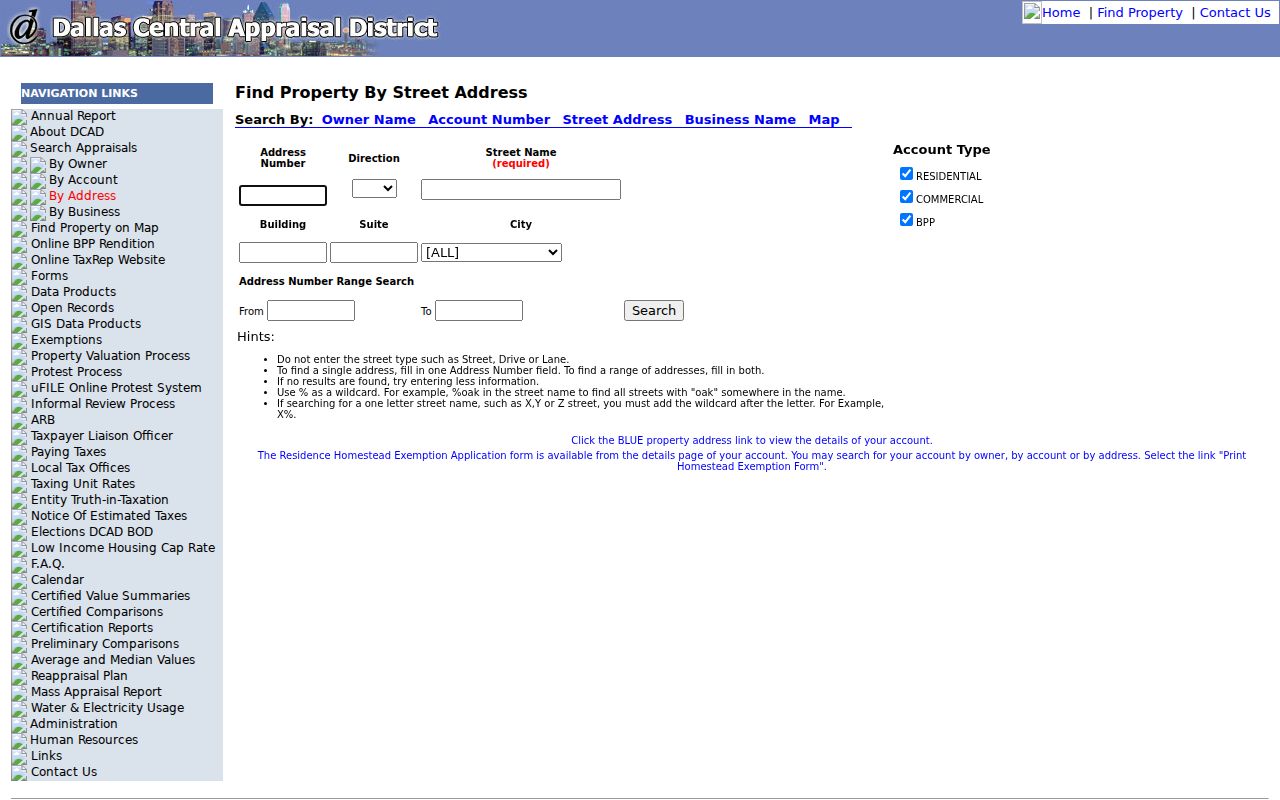 Dallas street directory DCAD address search fields