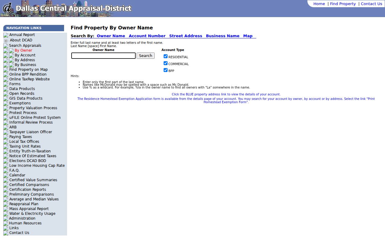 Dallas residents directory DCAD owner search fields